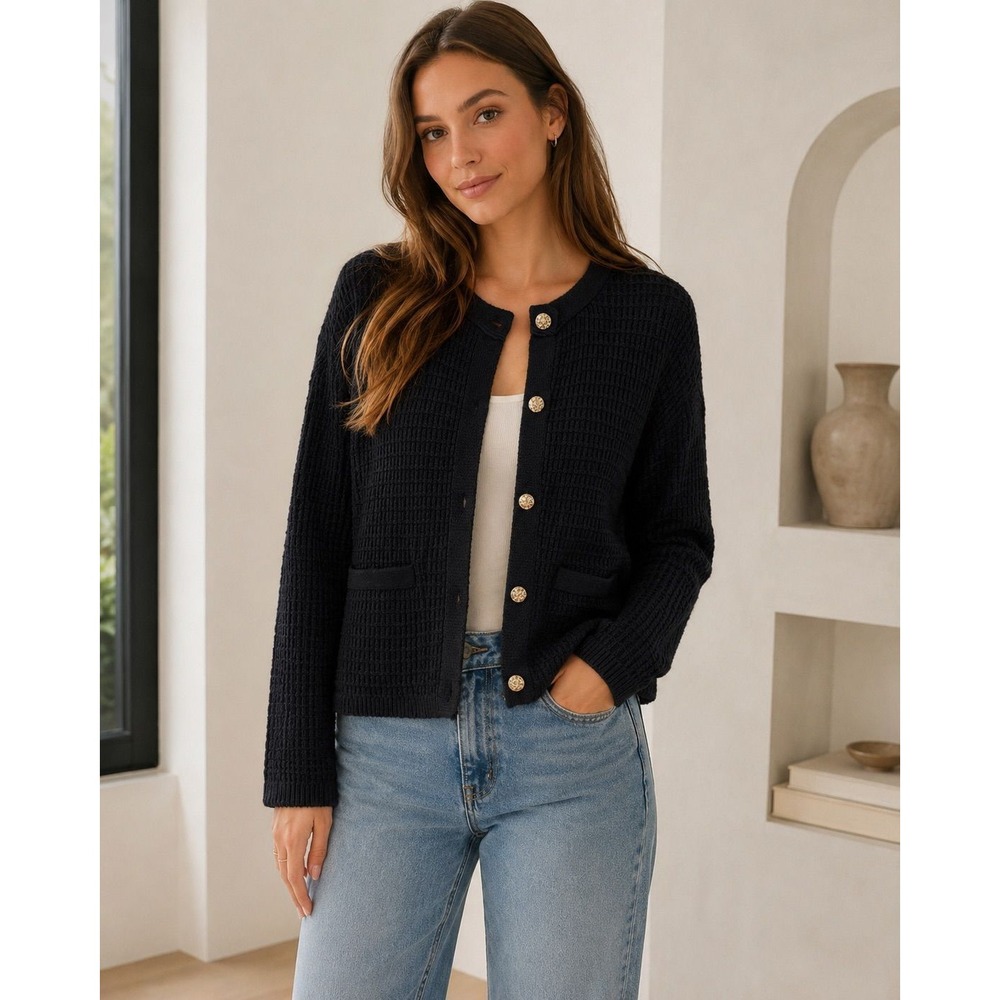 C&A Womens Black Knit Cardigan Jacket Gold Buttons Waffle Knit Size L